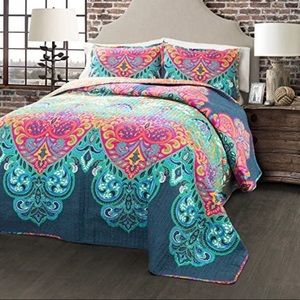 BoHo Chic Cotton Reversible Quilt Set 3pc King w/ Shams Turquoise Pink Paisley